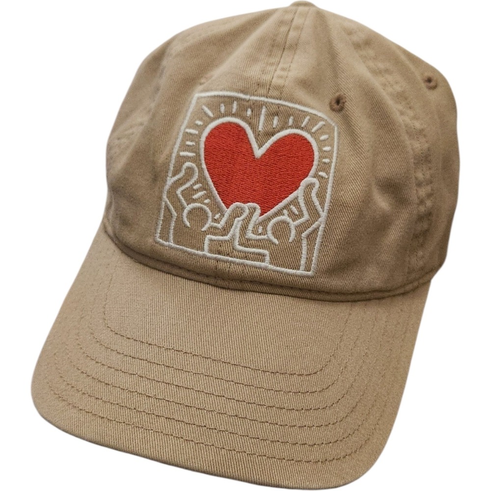 Keith Haring Mad Engine Tan Baseball Cap Red Heart Pop Art Embroidered Dad Hat